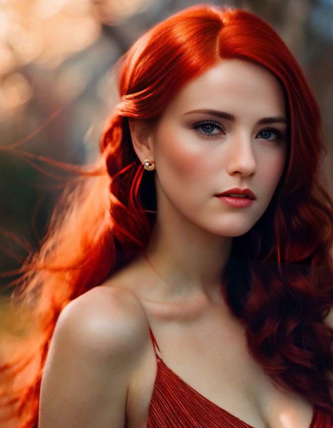 Red-haired woman in red dress with blue eyes and soft makeup against natural backdrop