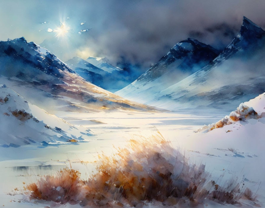 Snowy mountain valley watercolor painting with warm sunlight and hazy skies