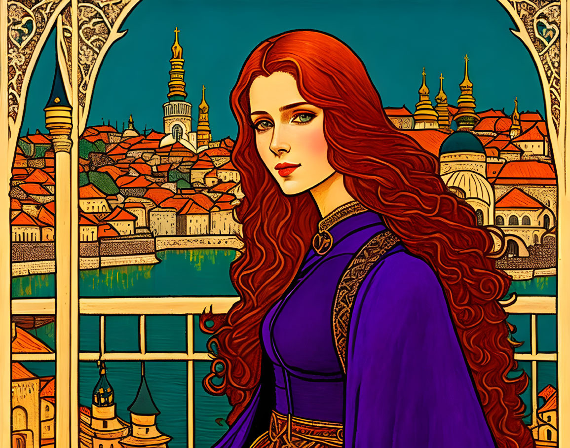 Illustration of Woman with Red Hair in Purple Dress Overlooking Colorful Cityscape