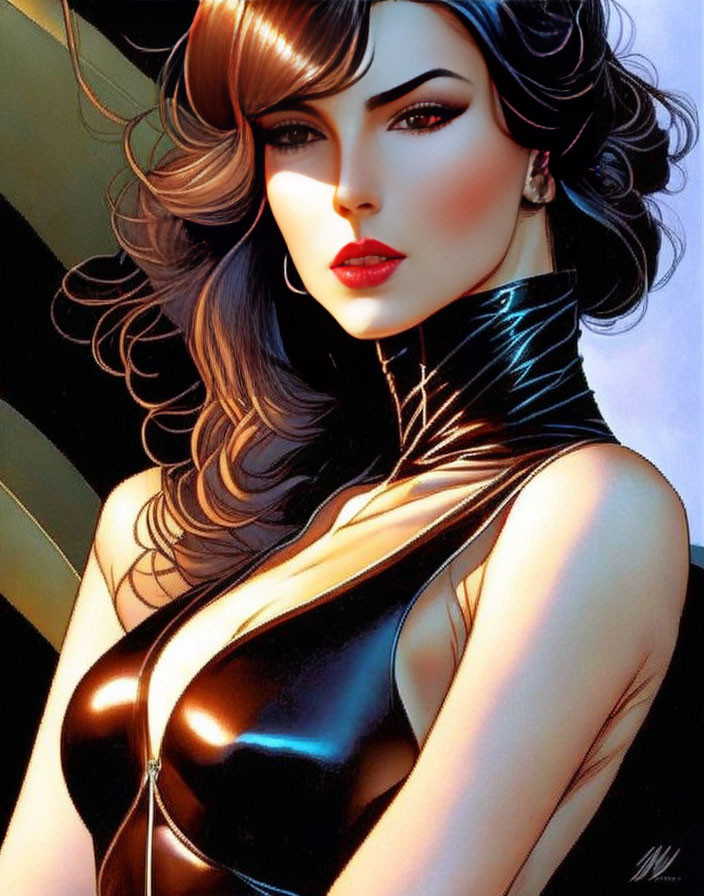 Detailed illustration of woman with voluminous brunette hair and glossy black outfit.