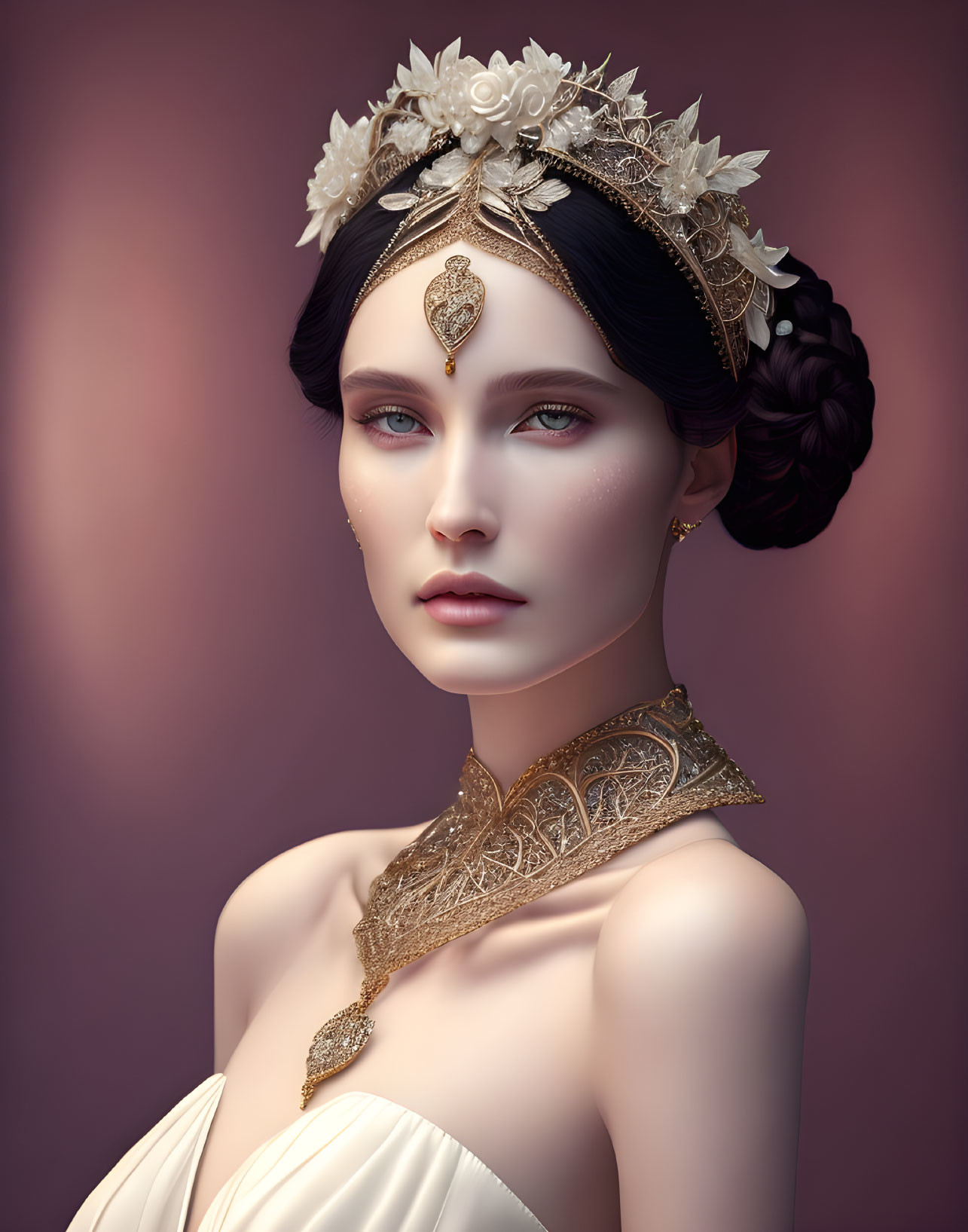 Digital portrait of woman with elegant updo, crown, and necklace on mauve background