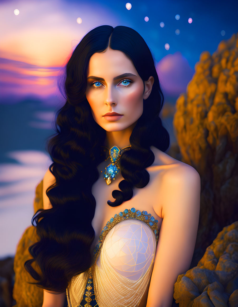 Digital artwork: Woman with black hair, blue eyes, gold & turquoise jewelry, twilight sky.