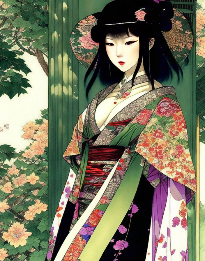 Illustrated woman in traditional multicolored kimono with patterned obi, standing by foliage with