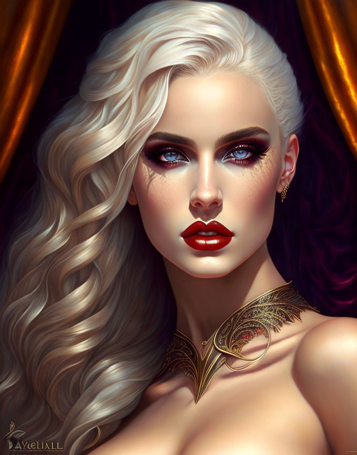 Portrait of woman with long white hair, blue eyes, bold makeup, and gold neck tattoo