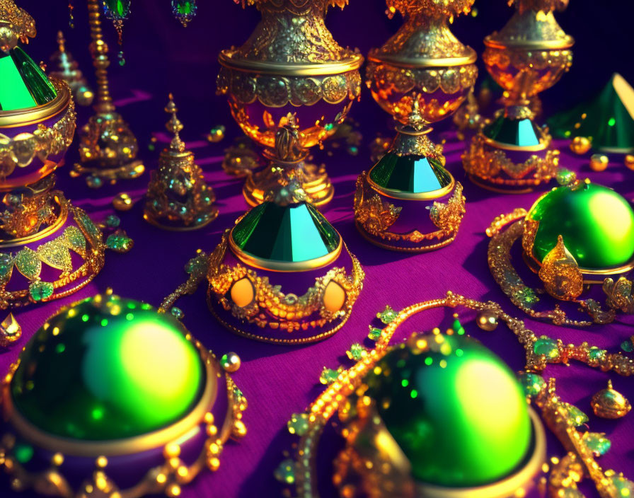 Traditional Indian Jewelry: Gold, Pearls, and Gemstones on Purple Fabric