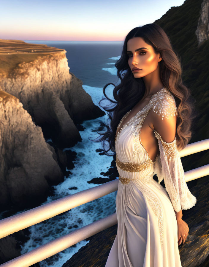 Woman in white dress overlooking coastal cliff at sunset