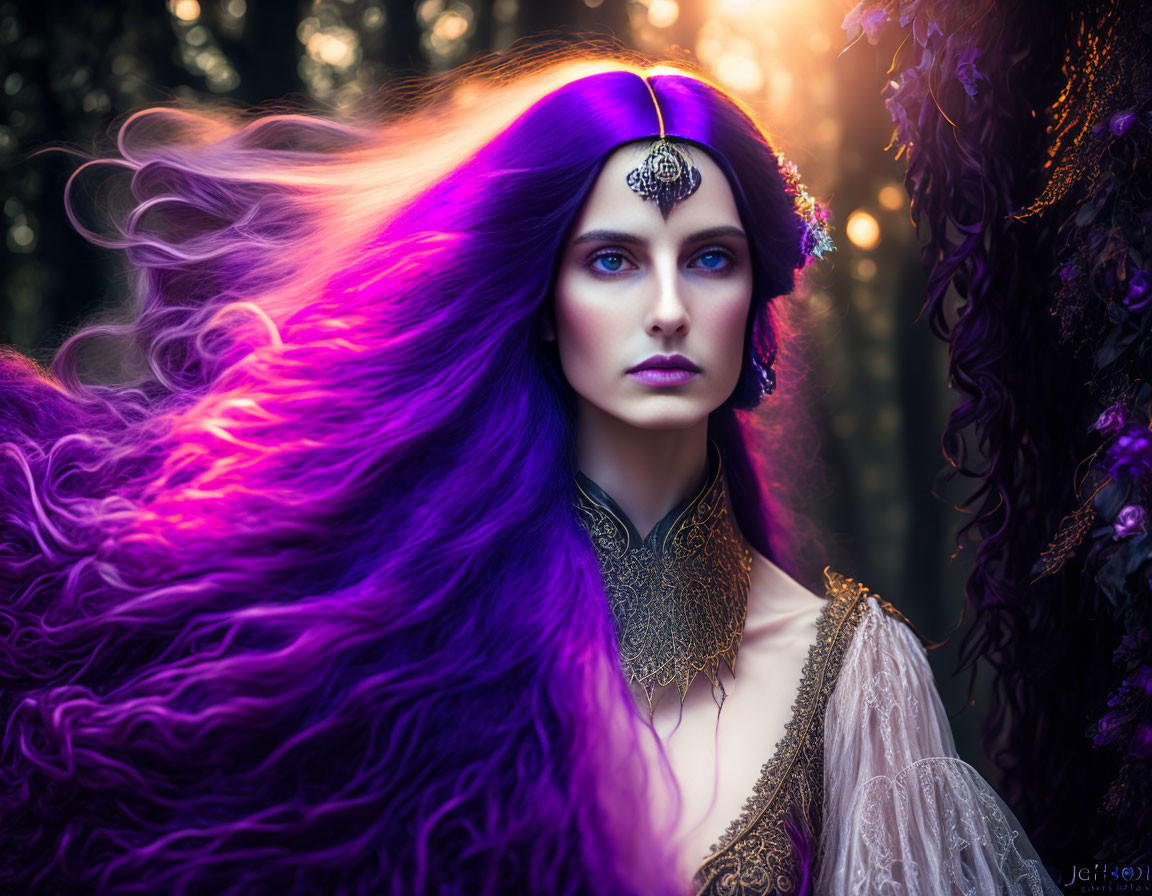 Vibrant purple-haired woman in mystical headdress in moody forest