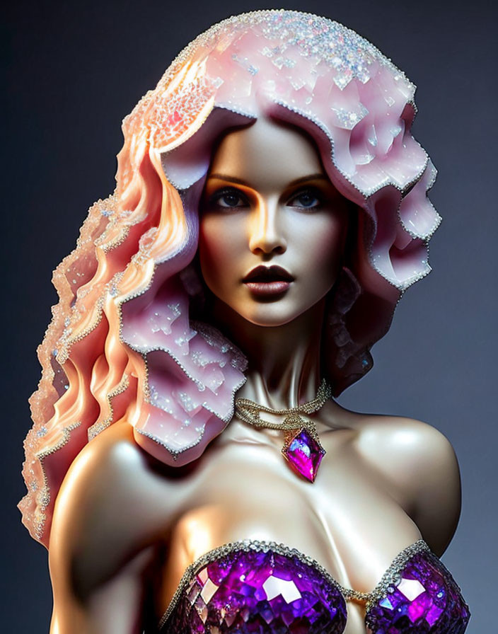 Fantasy digital portrait of a woman with cascading pink hair and ornate headdress