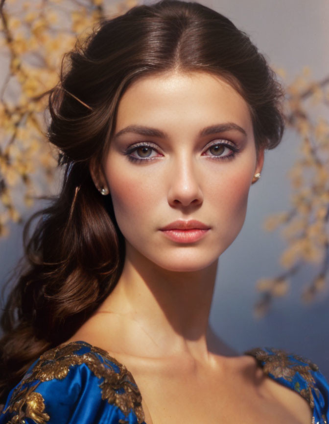 Brunette woman in blue dress with yellow blossom backdrop