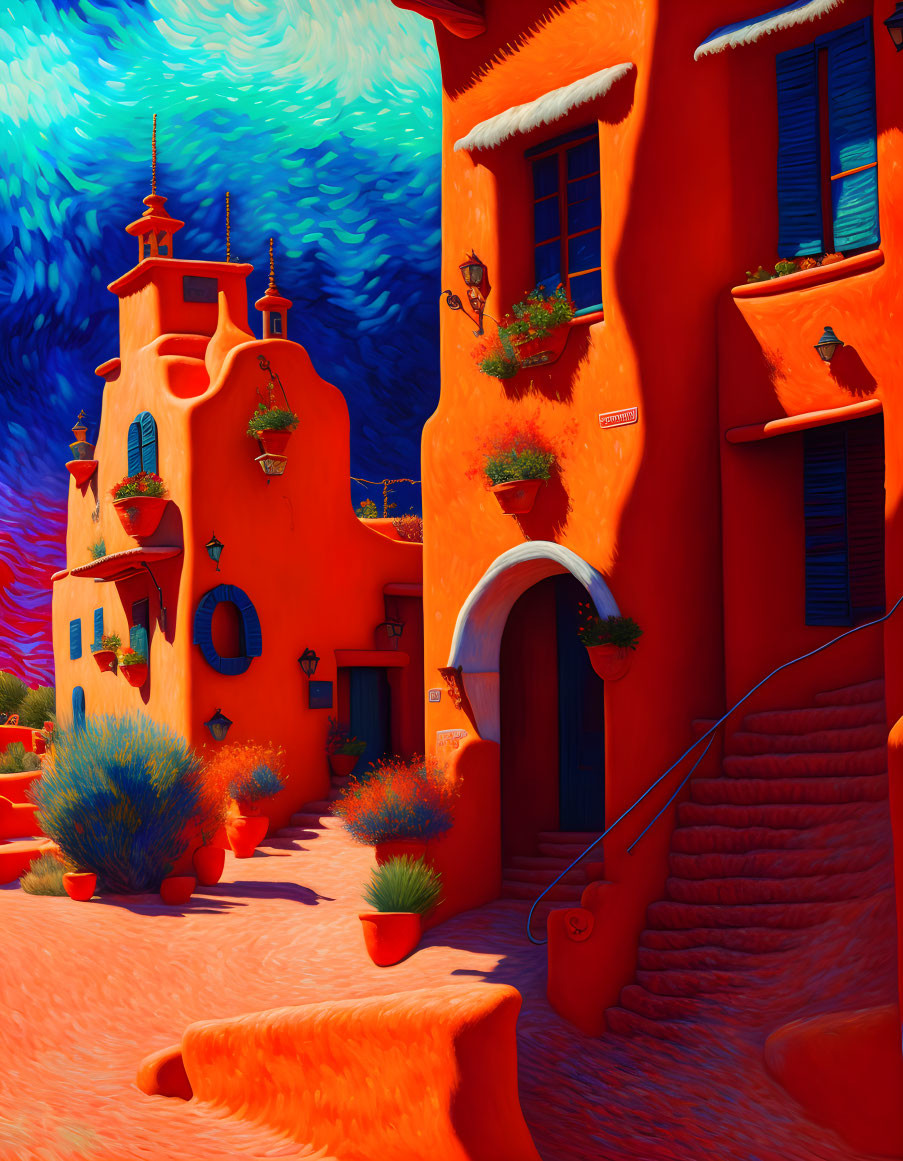 Colorful Digital Art: Orange Mediterranean Building & Blue Sky