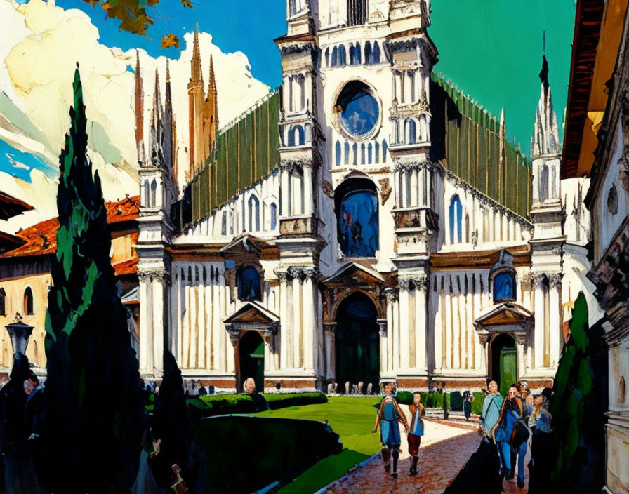 Colorful painting: People walking to Gothic cathedral under clear sky