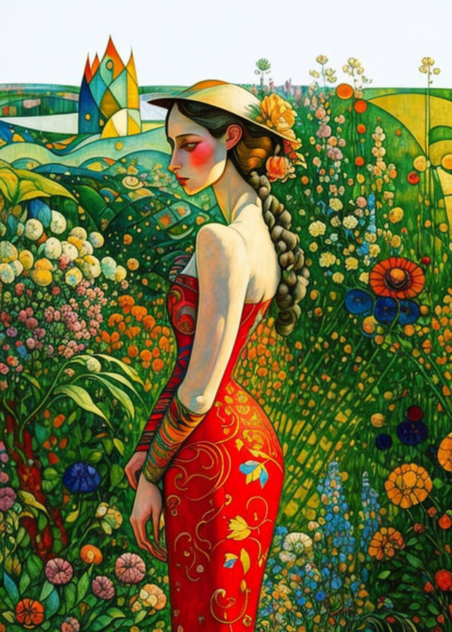 Stylized painting of woman in red floral gown amid vibrant flowers