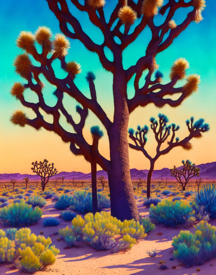 Desert landscape with Joshua Tree and purple-hued foliage