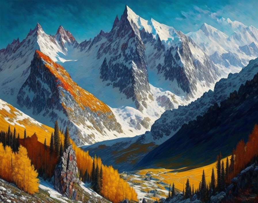 Mountain landscape painting with snowy peaks and autumn trees