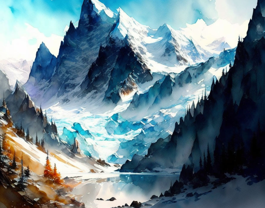 Mountainous Landscape Watercolor Painting with Snow-Capped Peaks