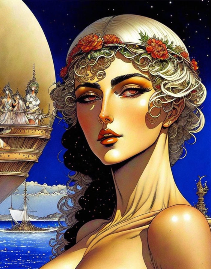 Illustrated woman with floral headband and jewelry under night sky with airships.