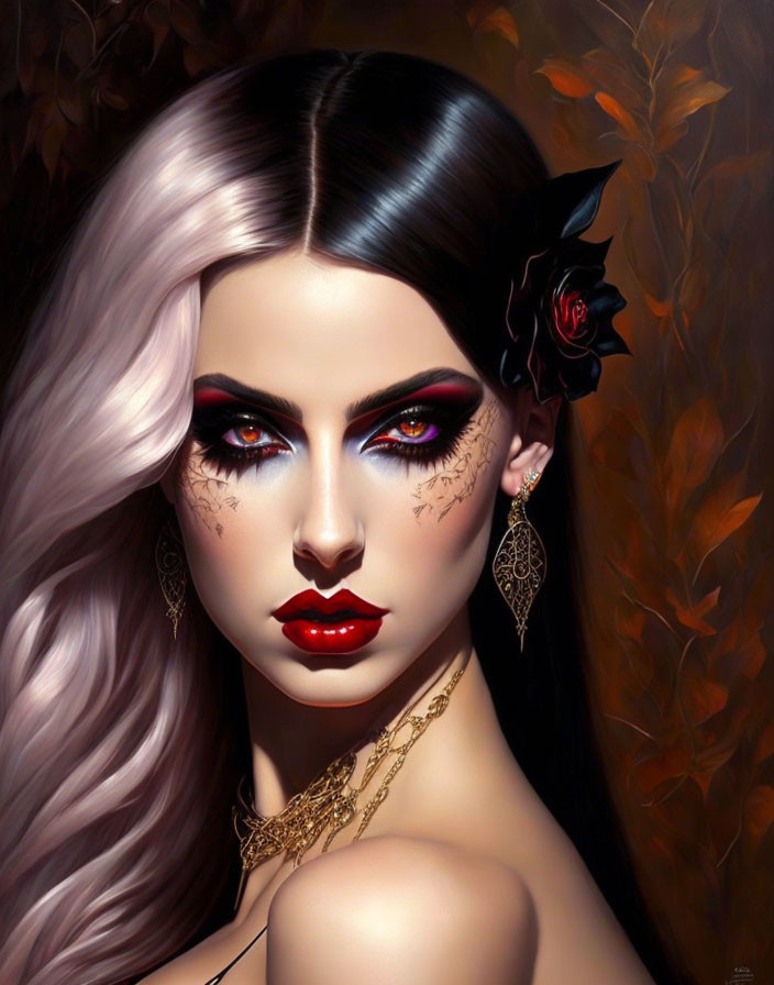 Illustrated woman with black and white hair, red eyes, makeup, rose accessory, and gold jewelry