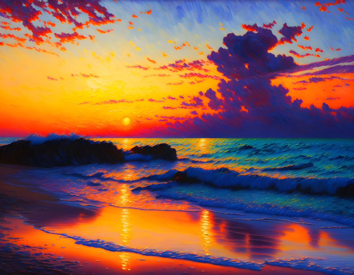 Scenic beach sunset with orange and blue hues reflecting on water