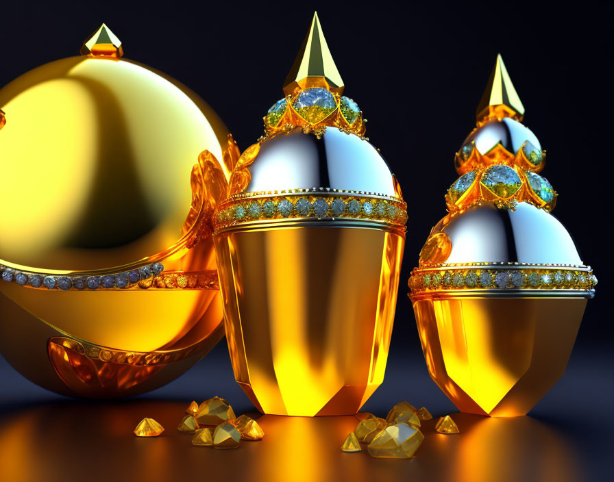 Ornate Golden Eggs with Jewels on Reflective Surface