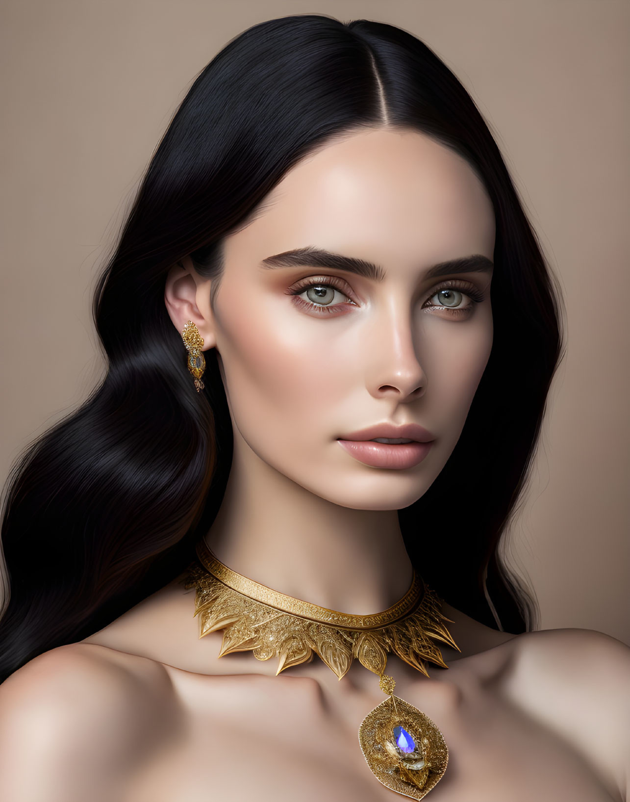 Portrait of woman with dark hair, blue eyes, gold jewelry & blue gemstone necklace