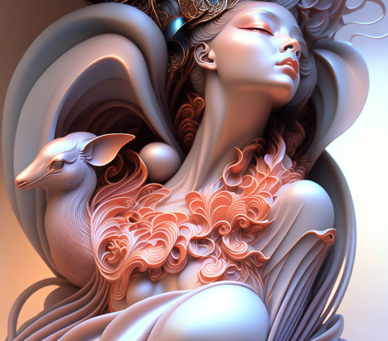 Stylized woman and deer in warm pastel tones