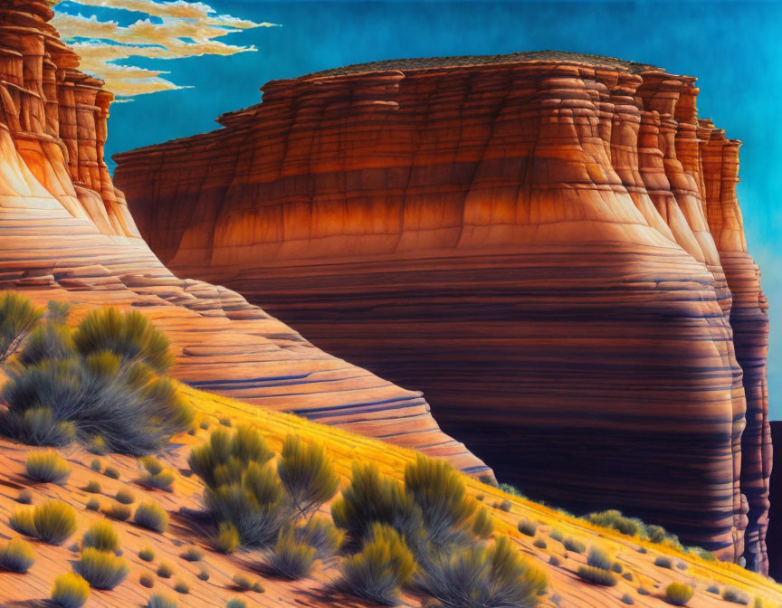 Colorful desert landscape with rock formations and grass under a blue sky