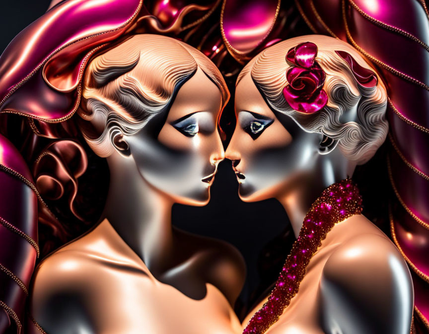 Stylized metallic female figures with elaborate hairdos on dark background