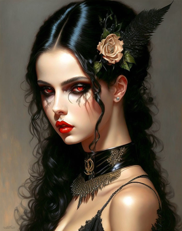 Gothic female figure with dark hair, red lips, black choker, and rose in hair