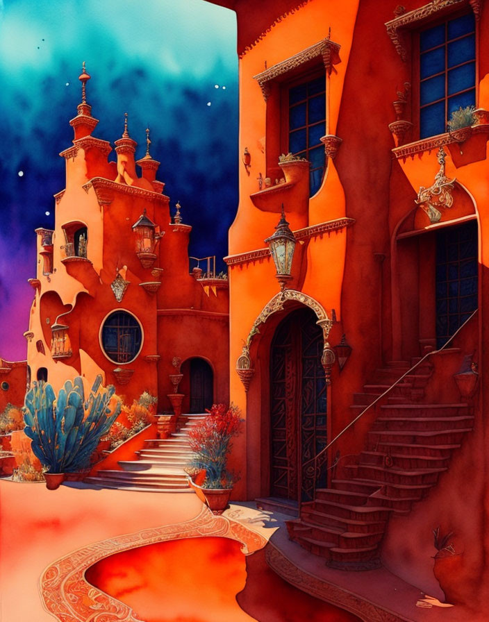 Fantastical red-orange buildings with ornate details under starry sky