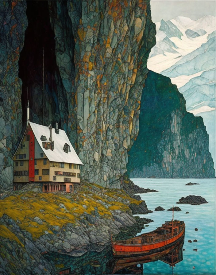 Secluded house by cliffs, boat moored near sea, snowy peaks in background