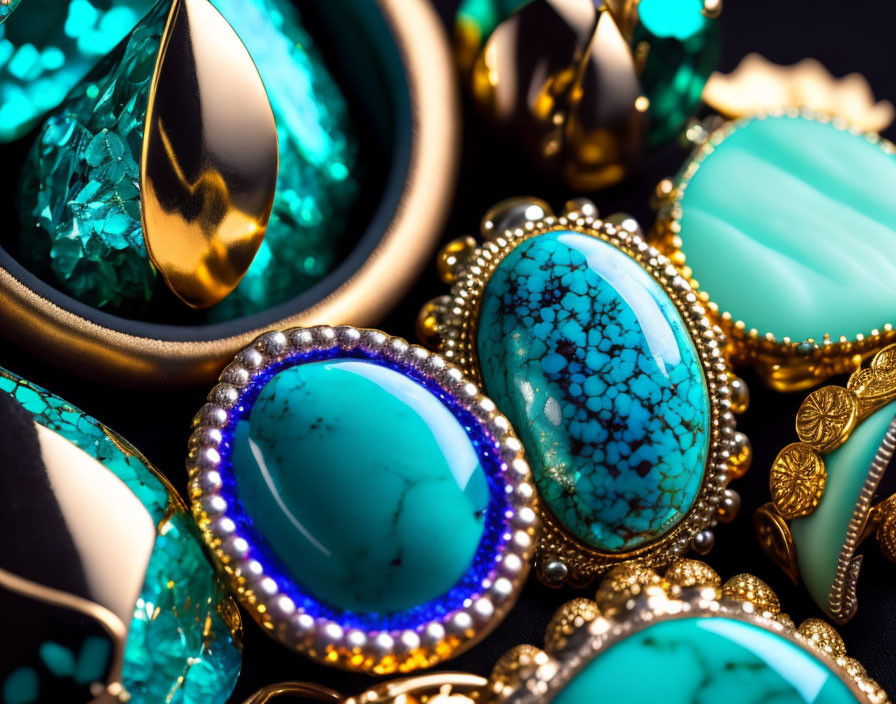 Turquoise and Gold Jewelry Pieces with Large Vibrant Blue Gemstones