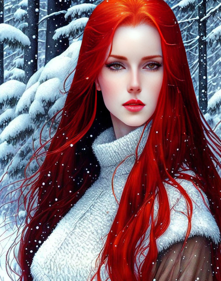 Digital Artwork: Woman with Red Hair in Snowy Forest