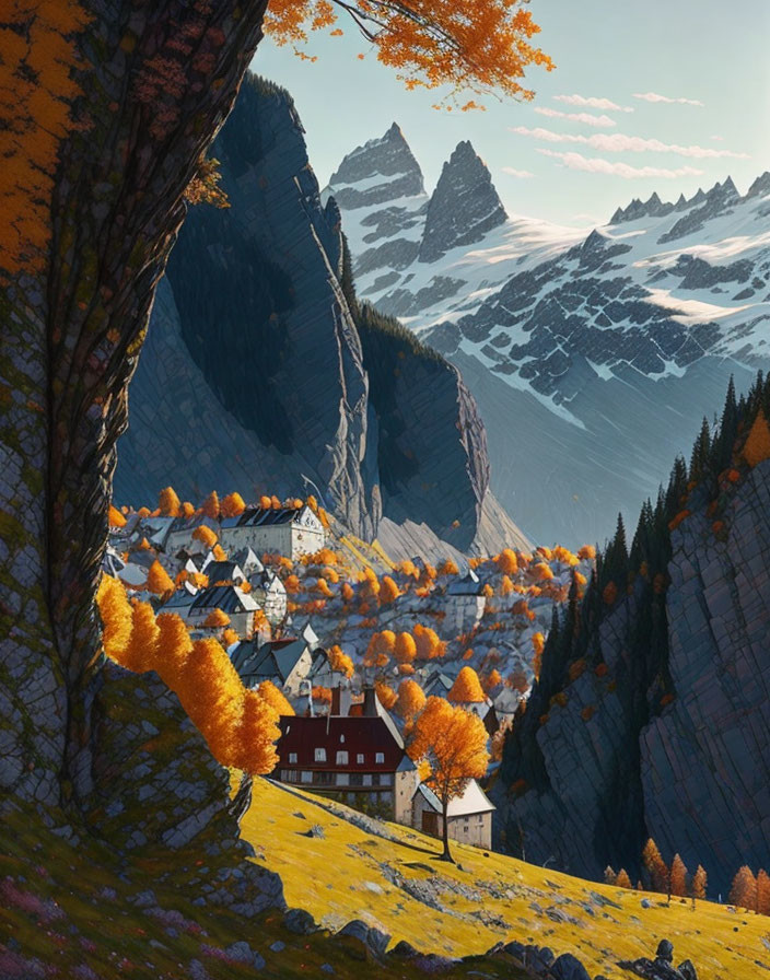 Scenic mountain village with autumn foliage and snow-capped peaks