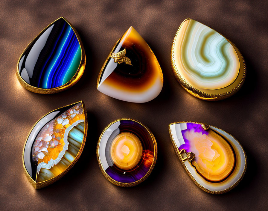 Colorful Gemstones Set in Gold Frames on Textured Brown Surface