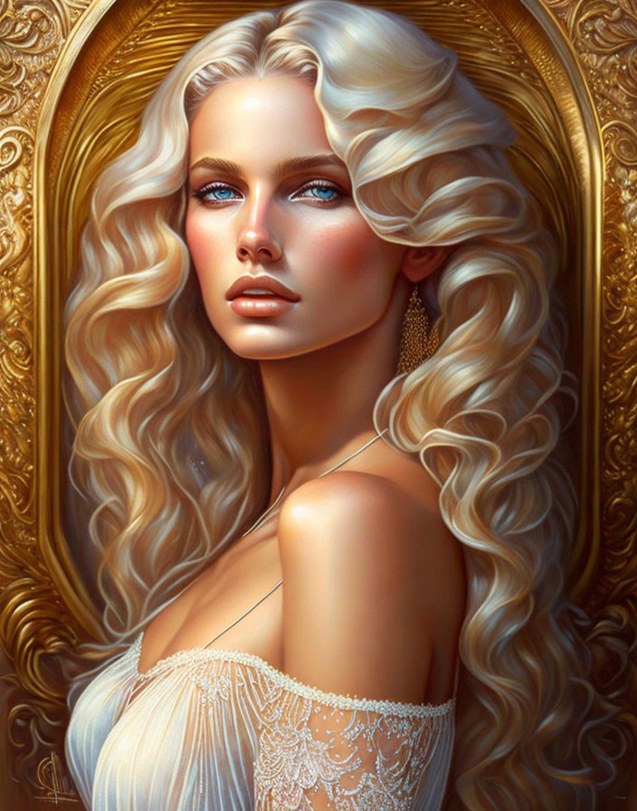 Blonde woman portrait with blue eyes in white dress and golden frame