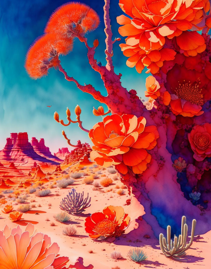 Colorful surreal landscape with oversized flowers and cacti in desert setting