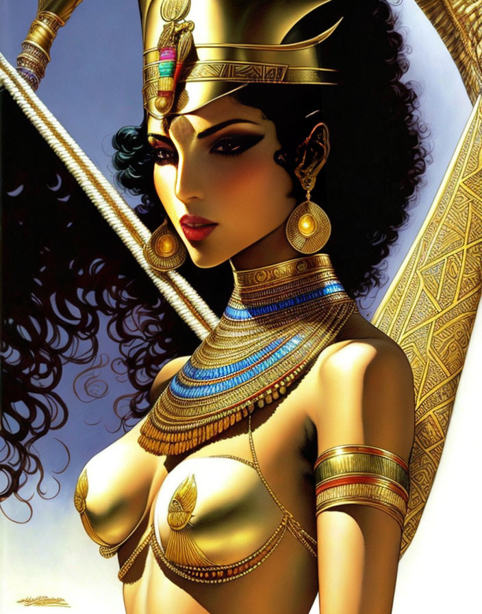 Illustration of woman in ancient Egyptian attire and headdress on parchment background