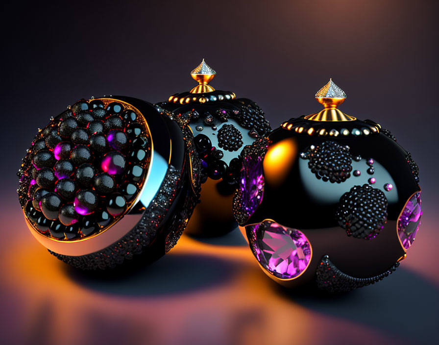 Ornate Bejeweled Spherical Objects with Gold Detailing and Purple Gemstones