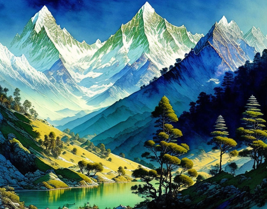 Snow-capped mountains, lake, greenery, and blue sky in serene landscape