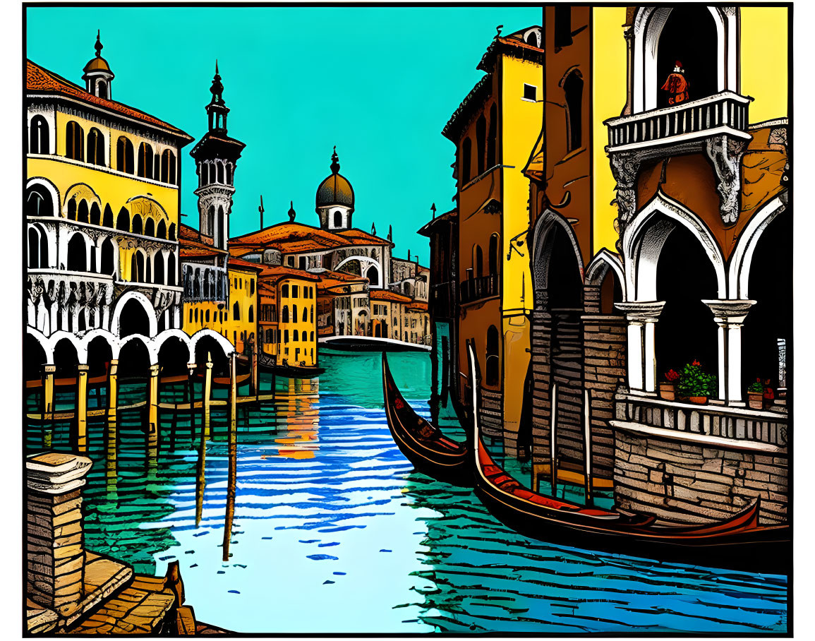 Colorful Venice Illustration: Gondolas, Arches, and Clear Blue Sky