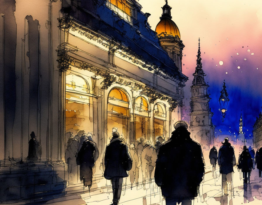 Pedestrians walking by illuminated building with domed structure at dusk in watercolor.