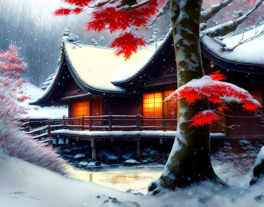 Japanese architecture in snowy landscape with lit windows, red maple leaves, wooden bridge.