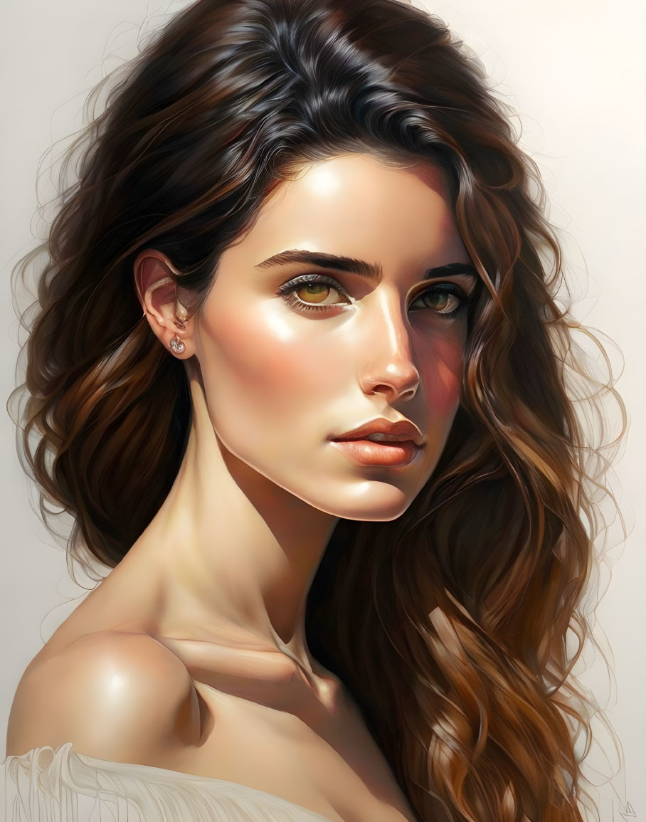 Digital portrait of woman with wavy brown hair and hazel eyes