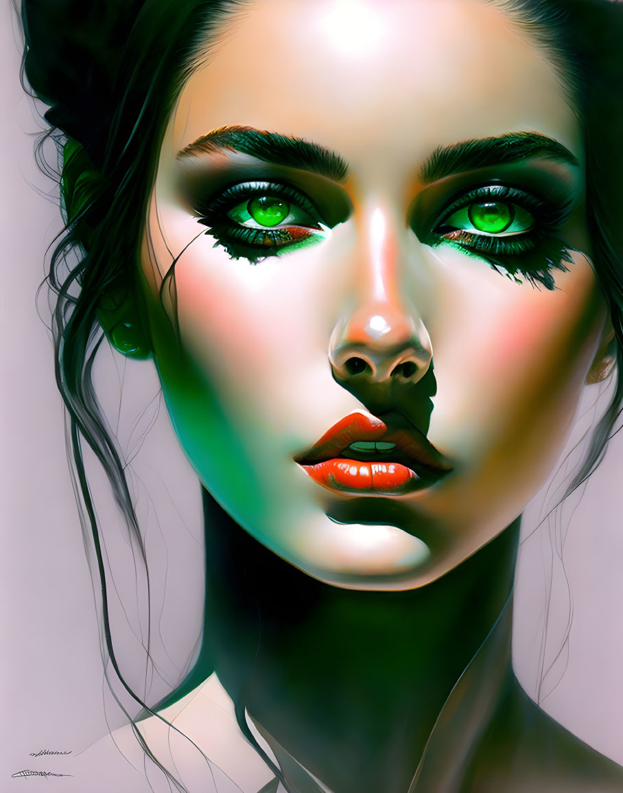 Portrait of a woman with striking green eyes and full lips