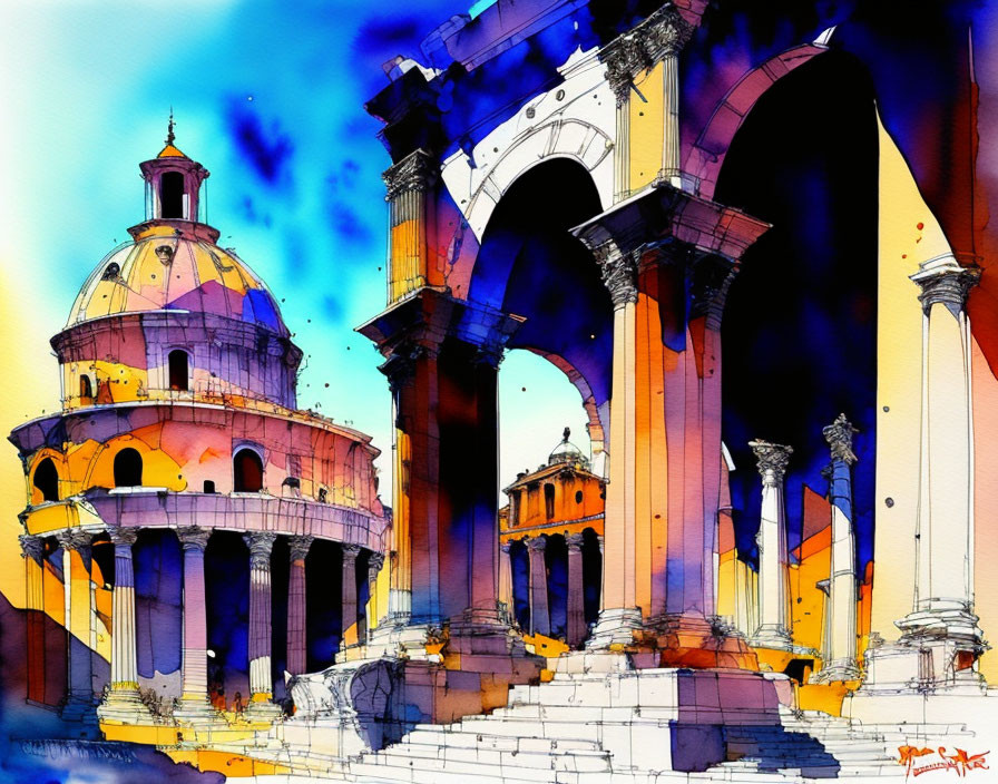 Classical Roman structure depicted in vibrant watercolor art