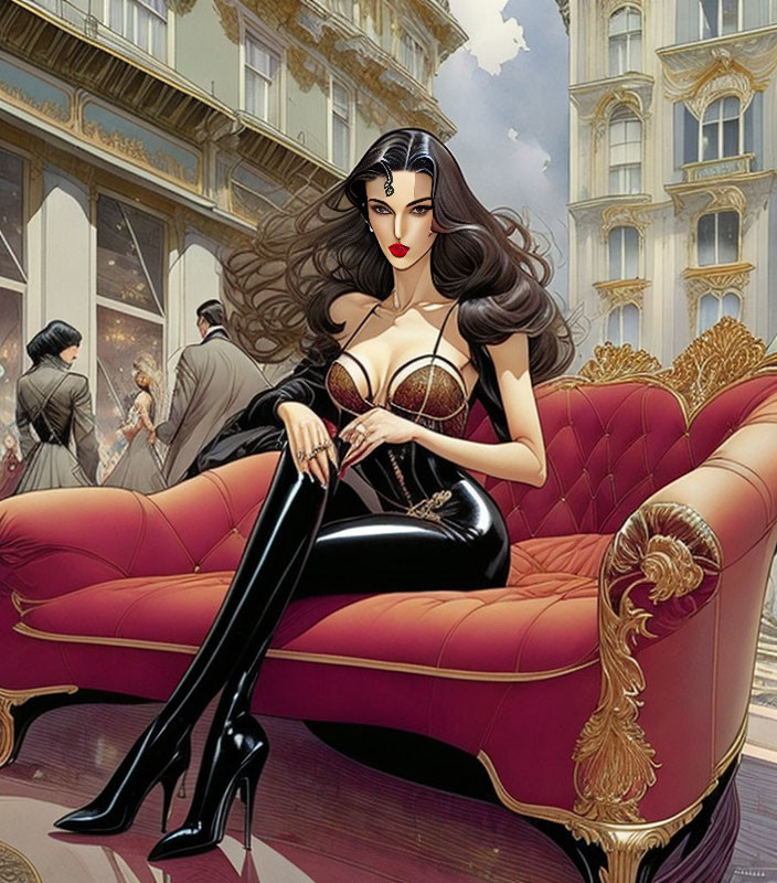 Illustration of woman with long black hair in strapless dress on ornate sofa