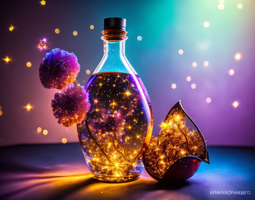 Glowing bottle with twinkling lights and leaf object on vibrant backdrop