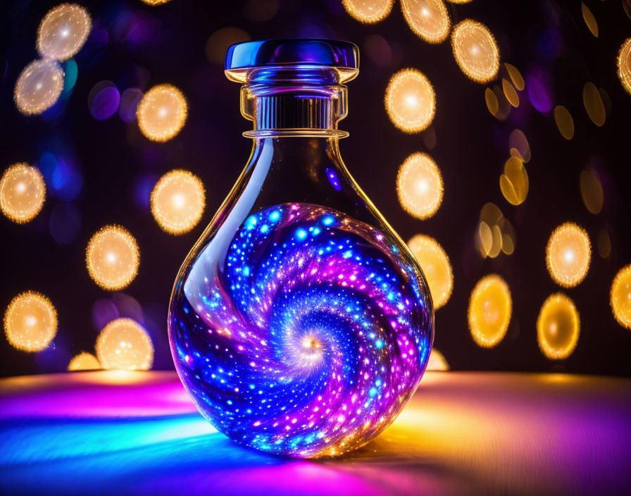 Colorful Lights Illuminate Galaxy Pattern in Glass Flask