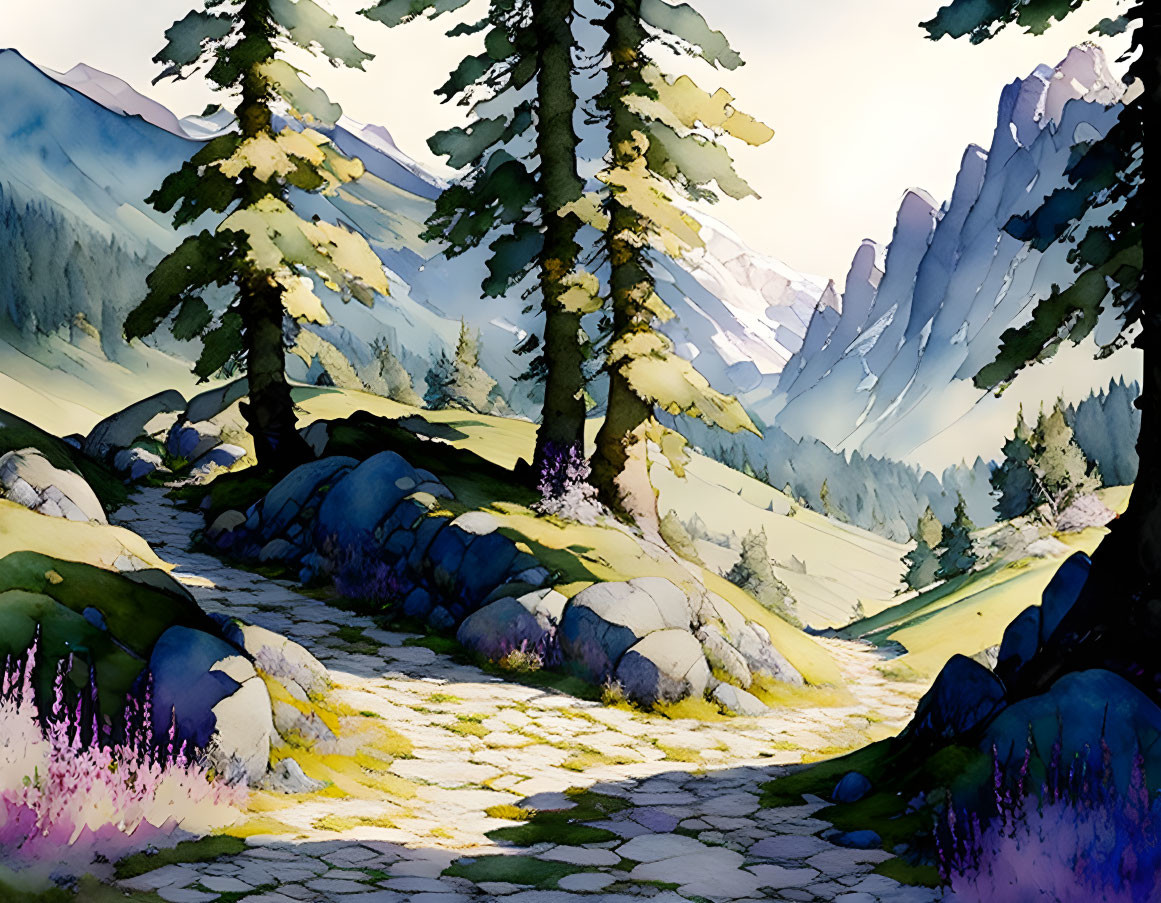 Stylized pathway through vibrant forest with pine trees & mountains