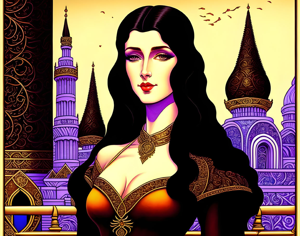 Illustration of woman with black hair in exotic Arabian setting